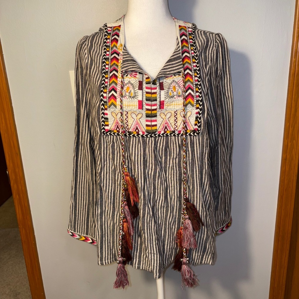 Brandon Thomas festival boho Striped Tunic Blouse Embroidered‎ Tassels Size L